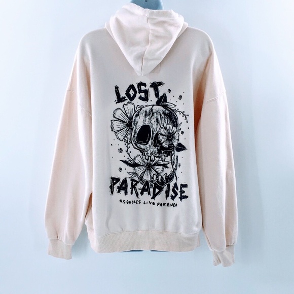Linda Finegold ALF Womens Hoodie Cream Lost Paradise Floral Skull Pullover Sz L - Picture 7 of 12